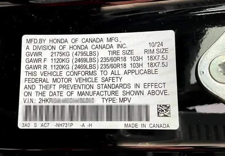 Honda CR-V Placard VIN