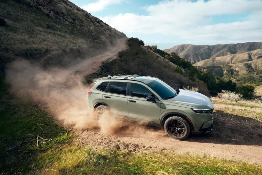 Ash Green Metallic Honda CR-V TrailSport AWD Hybrid Drive on The Dirt