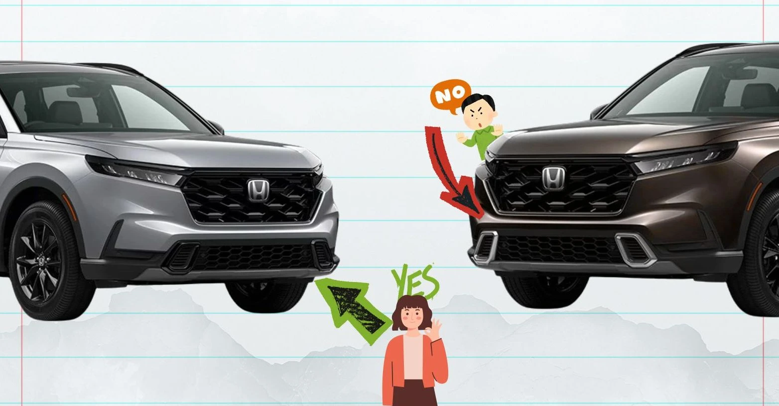 Comparison of 2026 CR-V Sport Touring chrome bumper vs Sport-L black accents