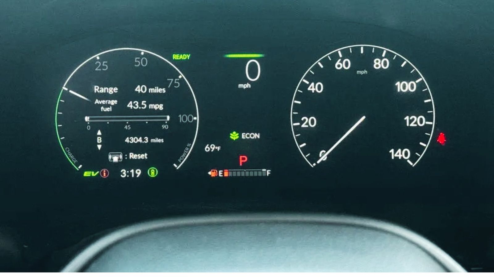 Honda CR-V Hybrid fuel economy display showing high MPG