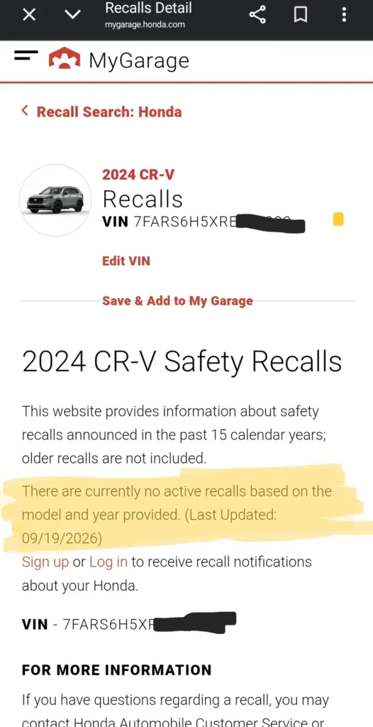 Checking Honda CR-V Recall Via VIN Number